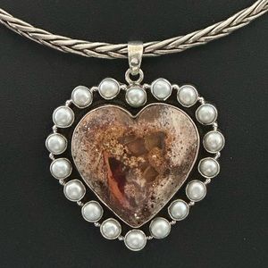 Mexican fire opal pearl mega statement heart sterling silver pendant